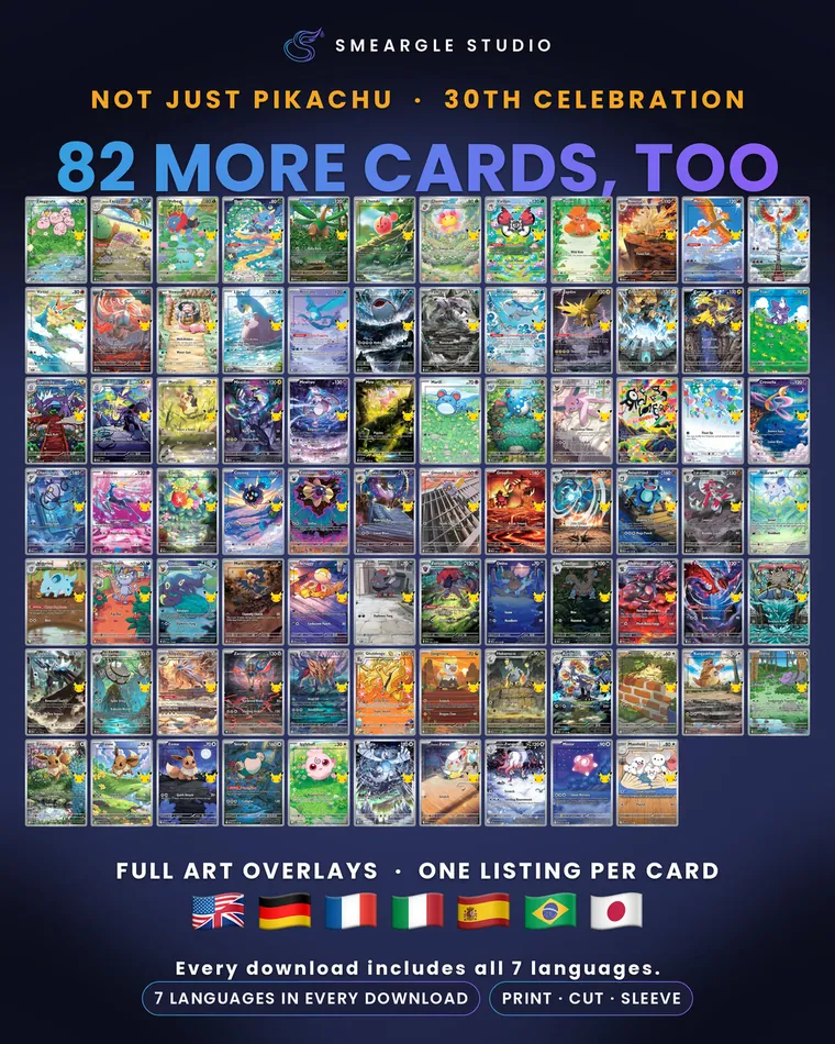82 more 30th Celebration cards with full art overlays, in 7 languages