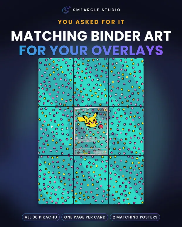 Pikachu 07/30 binder page with its full art overlay in the centre pocket, the art running on into the eight cards around it