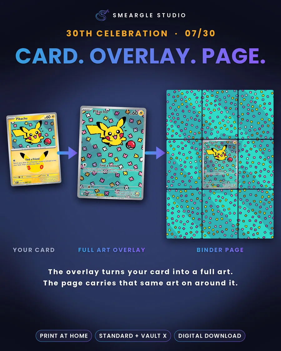 Your card, then the full art overlay, then the matching binder page