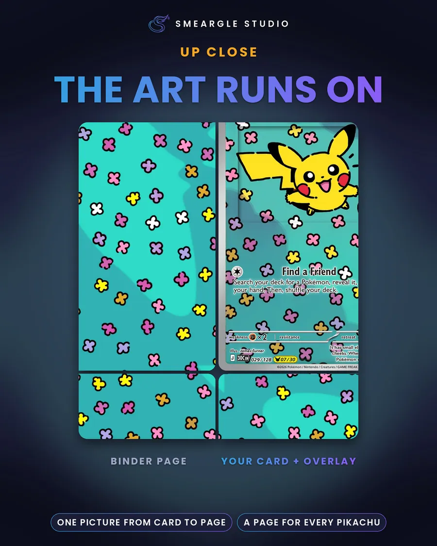 Close-up: the binder page art carries on past the edge of the overlaid card