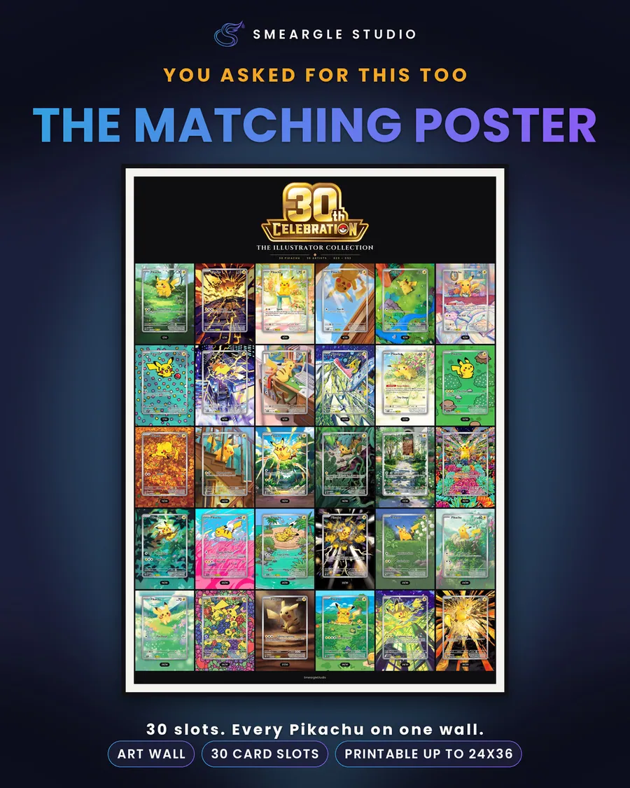 The Art Wall poster, shown with all 30 overlaid Pikachu in its slots