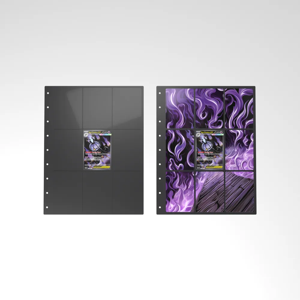 Before and after: the Mega Chandelure ex card alone in an empty binder page, then surrounded by its eight extended-art cards