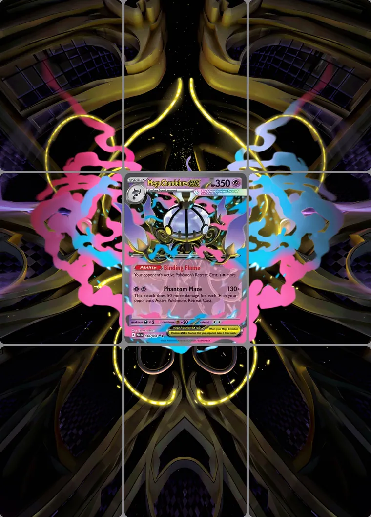 Mega Chandelure ex 38 extended binder art: the card in the centre of a 3×3 binder page, its artwork continuing across the eight cards around it