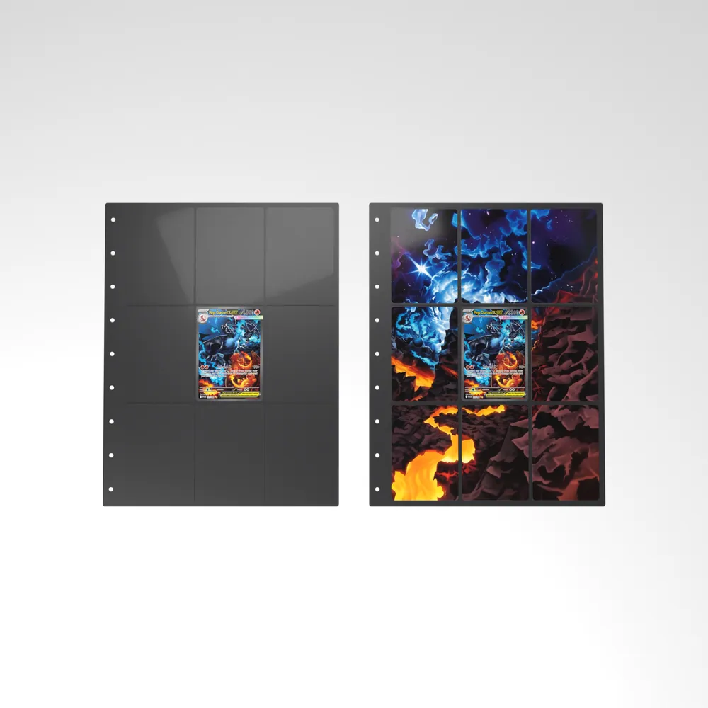 Before and after: the Mega Charizard X ex card alone in an empty binder page, then surrounded by its eight extended-art cards