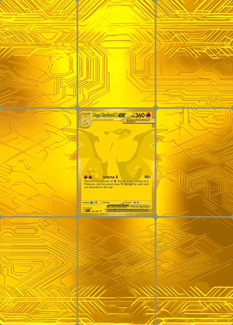 Mega Charizard X ex 130/94 extended binder art: the card in the centre of a 3×3 binder page, its artwork continuing across the eight cards around it