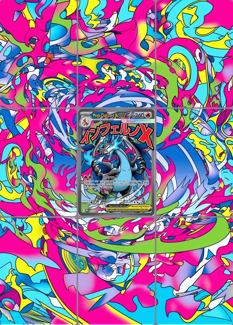 Mega Charizard X ex 23 extended binder art: the card in the centre of a 3×3 binder page, its artwork continuing across the eight cards around it