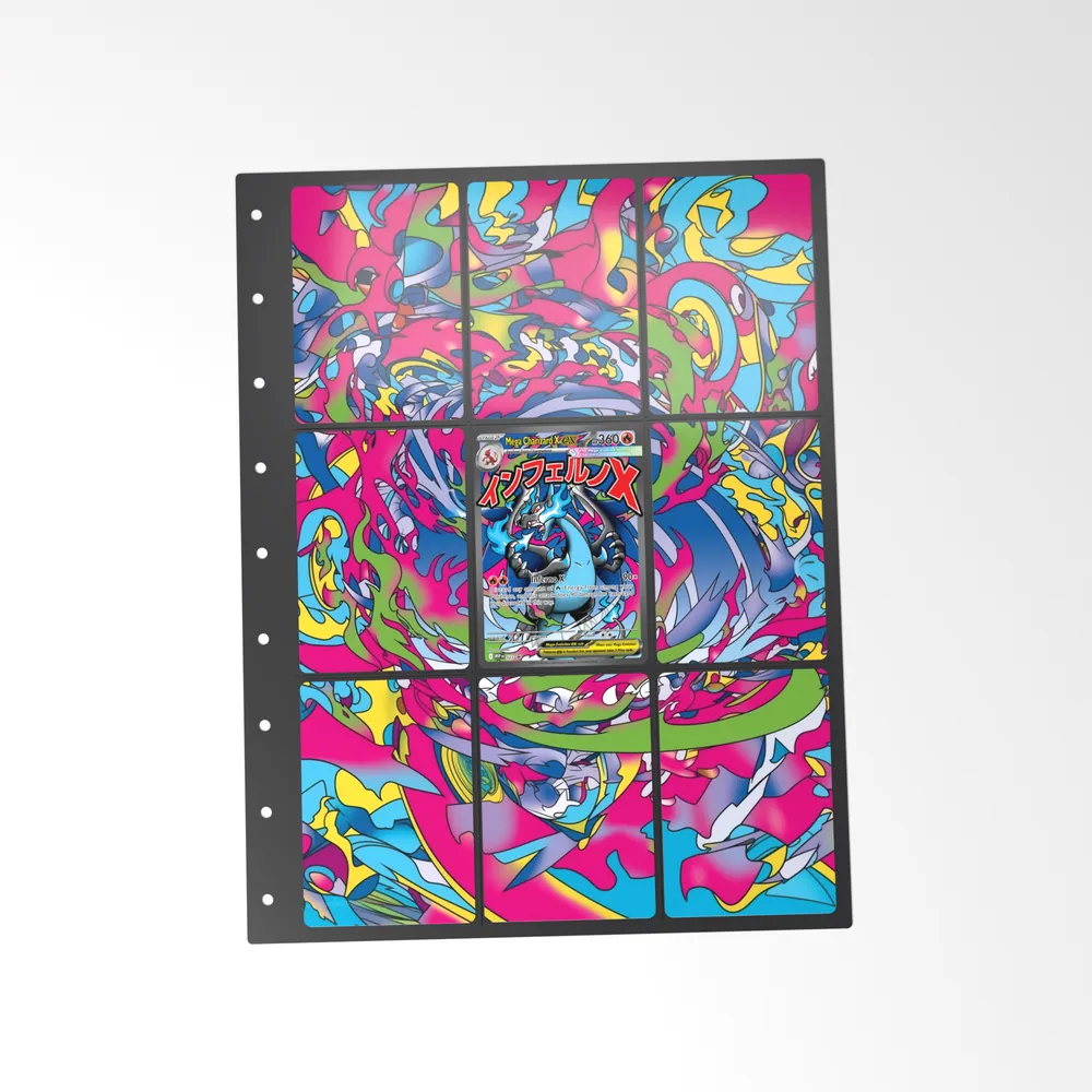 The printed Mega Charizard X ex 23 set in a 9-pocket binder page, with the card in the centre pocket
