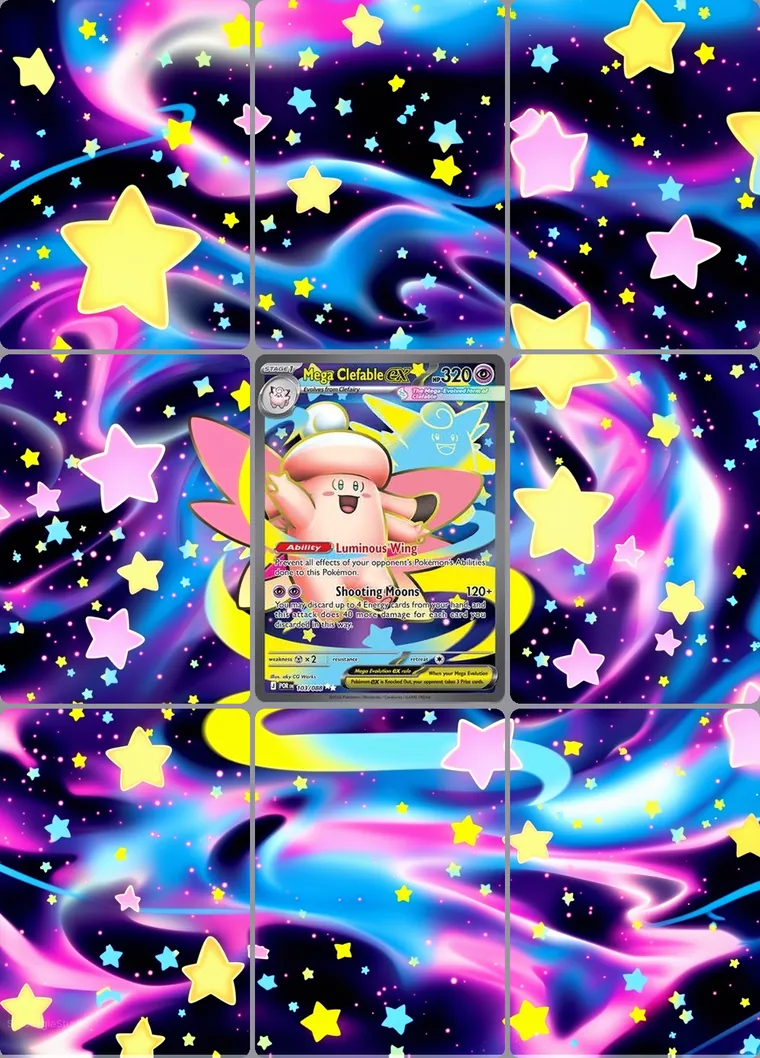 Mega Clefable ex 103/088 extended binder art: the card in the centre of a 3×3 binder page, its artwork continuing across the eight cards around it
