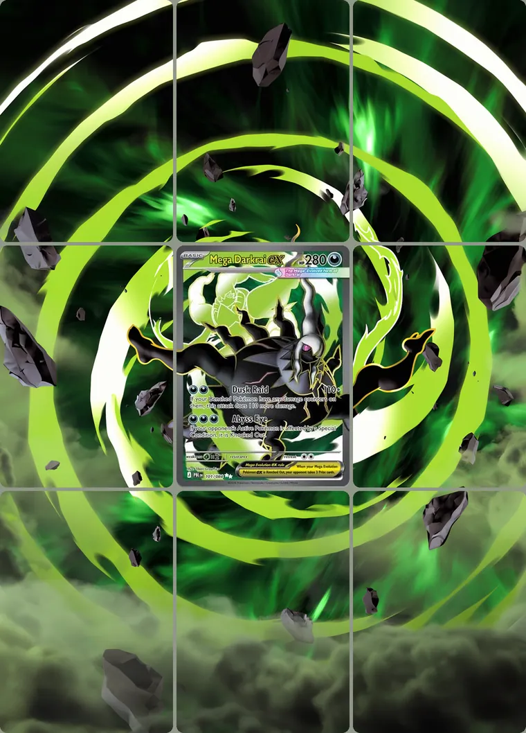Mega Darkrai ex 101 extended binder art: the card in the centre of a 3×3 binder page, its artwork continuing across the eight cards around it