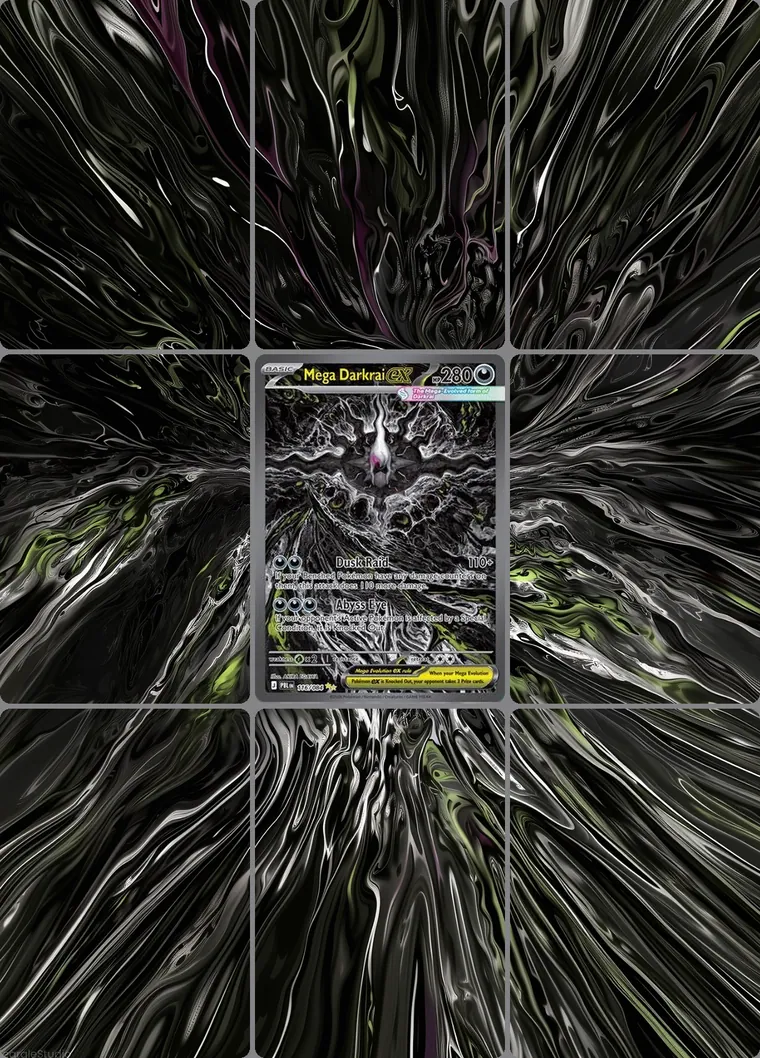 Mega Darkrai ex 116/84 extended binder art: the card in the centre of a 3×3 binder page, its artwork continuing across the eight cards around it