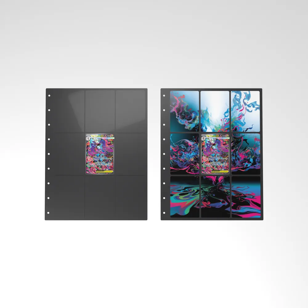 Before and after: the Mega Dragalge ex card alone in an empty binder page, then surrounded by its eight extended-art cards