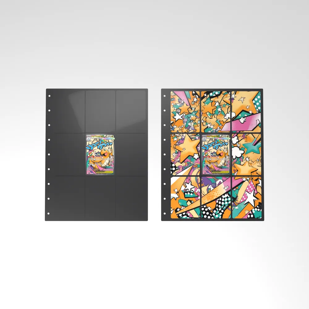 Before and after: the Mega Dragonite ex card alone in an empty binder page, then surrounded by its eight extended-art cards