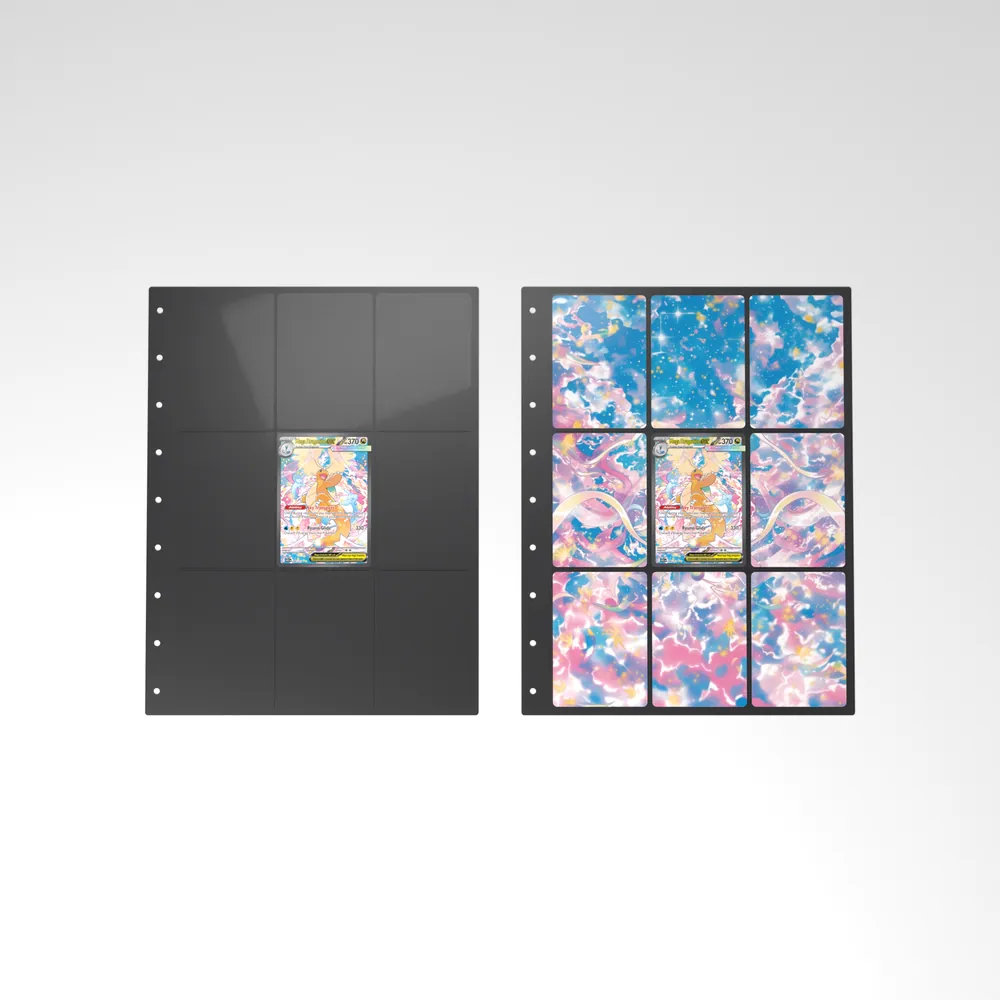 Before and after: the Mega Dragonite ex card alone in an empty binder page, then surrounded by its eight extended-art cards