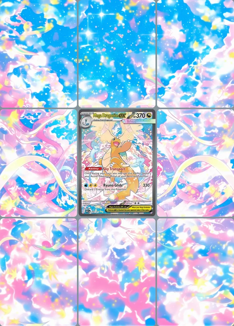 Mega Dragonite ex 290/217 extended binder art: the card in the centre of a 3×3 binder page, its artwork continuing across the eight cards around it