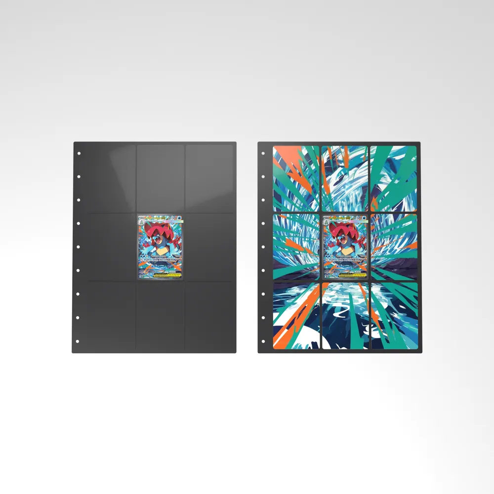 Before and after: the Mega Feraligatr ex card alone in an empty binder page, then surrounded by its eight extended-art cards