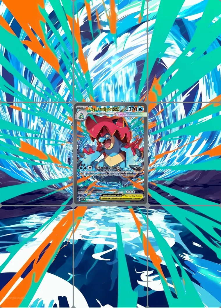 Mega Feraligatr ex 274/217 extended binder art: the card in the centre of a 3×3 binder page, its artwork continuing across the eight cards around it