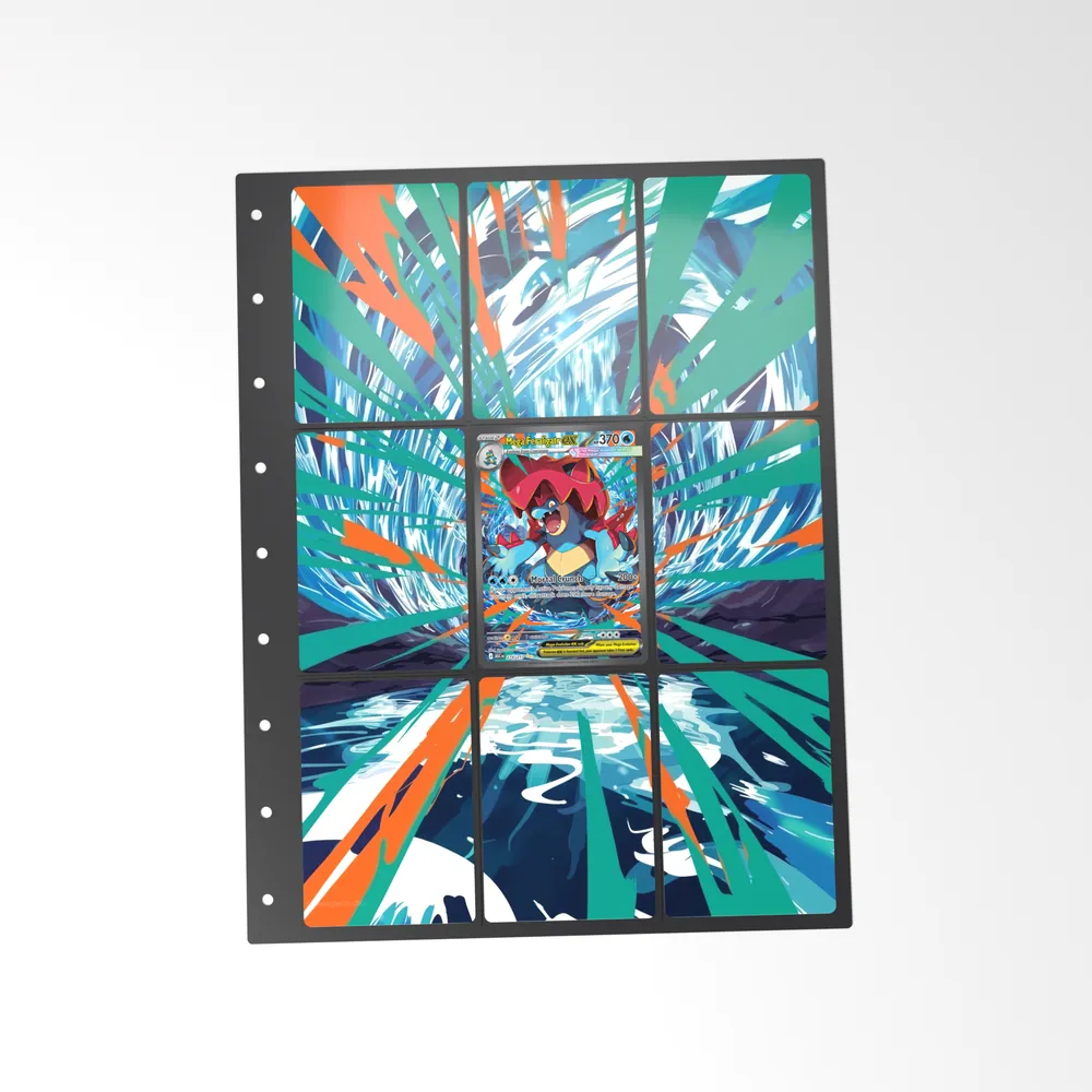 The printed Mega Feraligatr ex 274/217 set in a 9-pocket binder page, with the card in the centre pocket