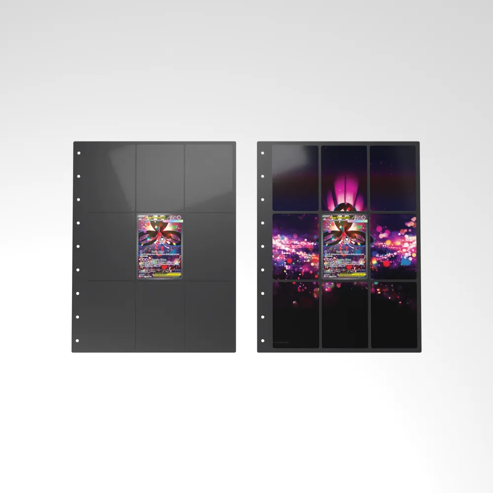 Before and after: the Mega Floette ex card alone in an empty binder page, then surrounded by its eight extended-art cards