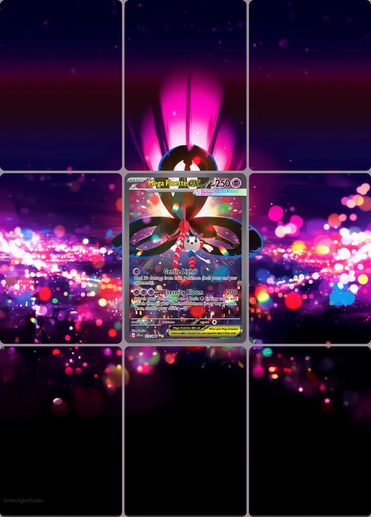 Mega Floette ex 117/86 extended binder art: the card in the centre of a 3×3 binder page, its artwork continuing across the eight cards around it