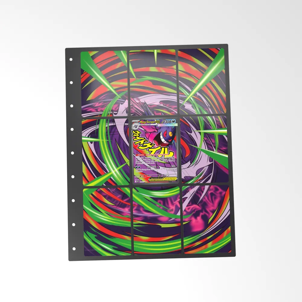 The printed Mega Gengar ex 269/217 set in a 9-pocket binder page, with the card in the centre pocket