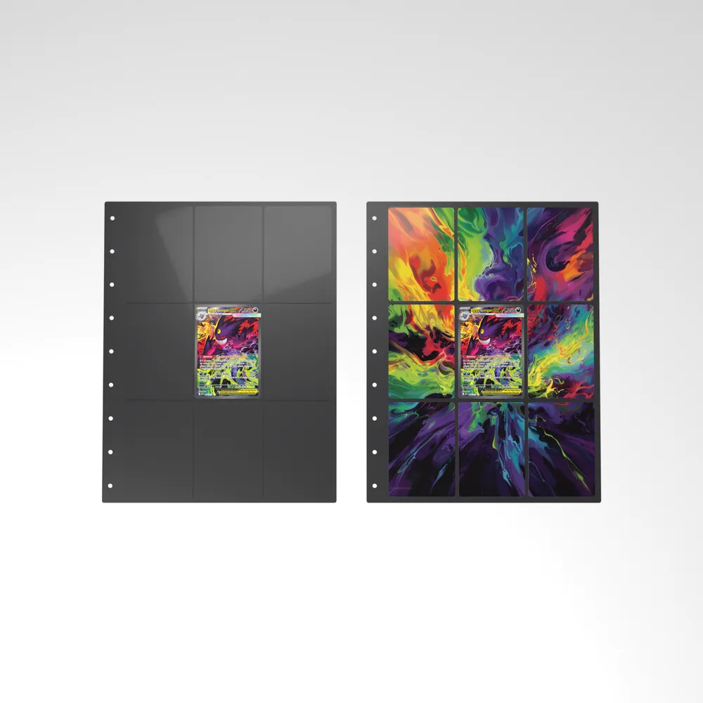 Before and after: the Mega Gengar ex card alone in an empty binder page, then surrounded by its eight extended-art cards