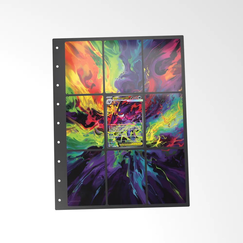 The printed Mega Gengar ex 284/217 set in a 9-pocket binder page, with the card in the centre pocket