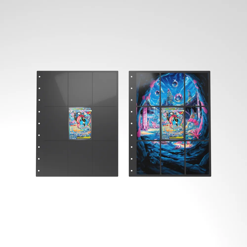 Before and after: the Mega Greninja ex card alone in an empty binder page, then surrounded by its eight extended-art cards