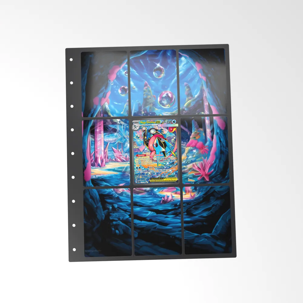 The printed Mega Greninja ex 116/86 set in a 9-pocket binder page, with the card in the centre pocket