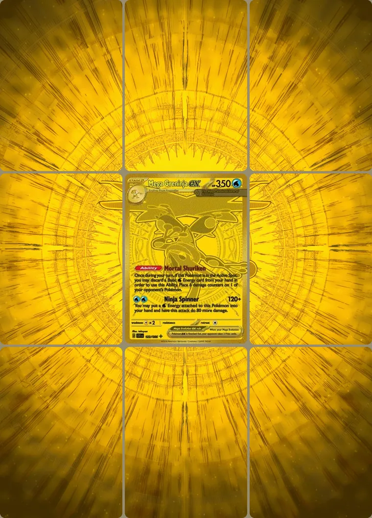 Mega Greninja ex 122/86 extended binder art: the card in the centre of a 3×3 binder page, its artwork continuing across the eight cards around it