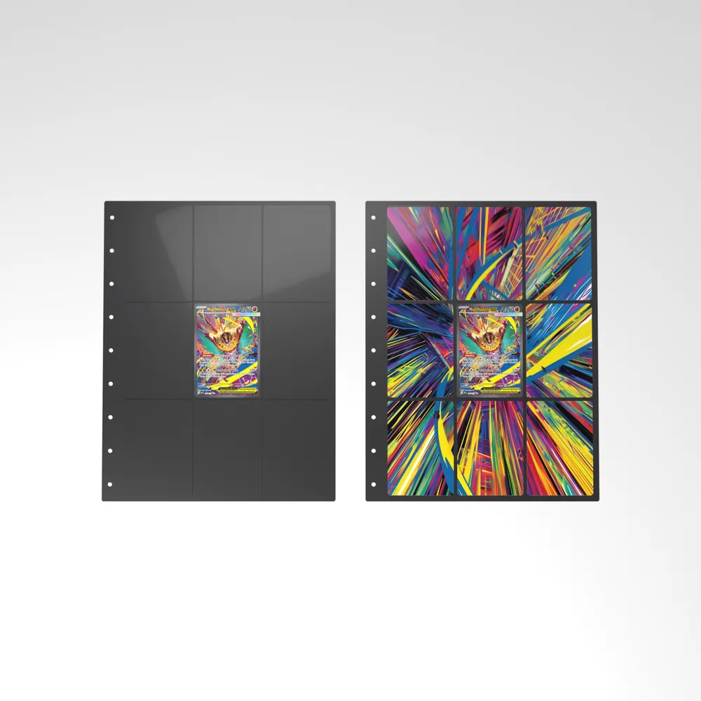 Before and after: the Mega Hawlucha ex card alone in an empty binder page, then surrounded by its eight extended-art cards