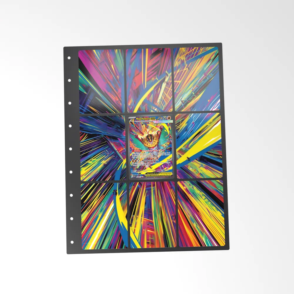 The printed Mega Hawlucha ex 283/217 set in a 9-pocket binder page, with the card in the centre pocket