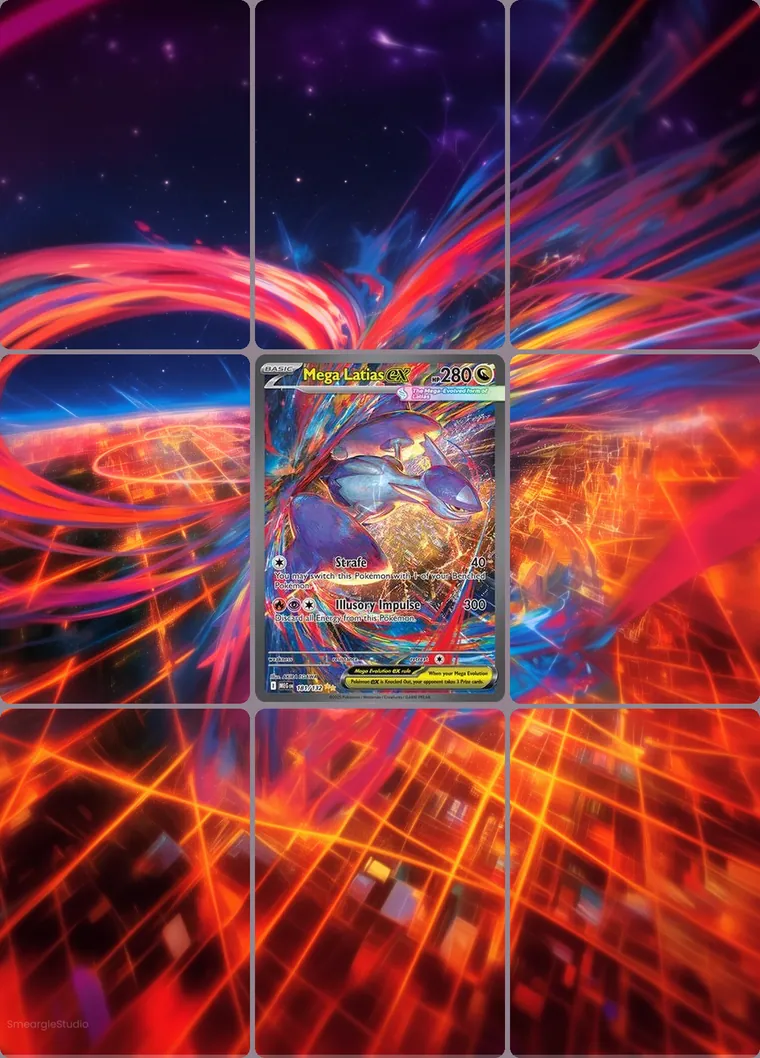 Mega Latias ex 181/132 extended binder art: the card in the centre of a 3×3 binder page, its artwork continuing across the eight cards around it