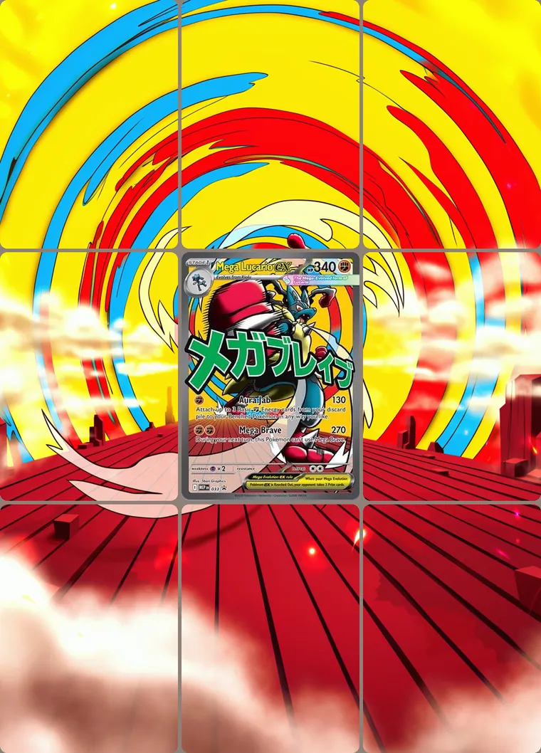 Mega Lucario ex 33 extended binder art: the card in the centre of a 3×3 binder page, its artwork continuing across the eight cards around it