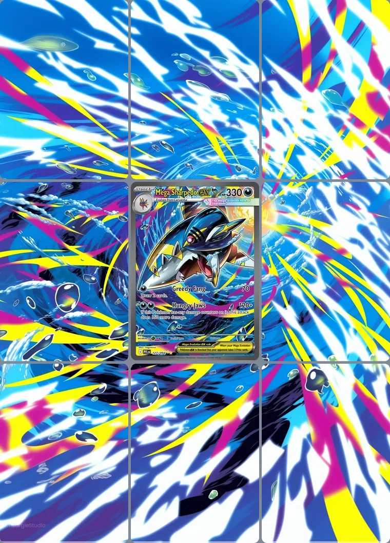 Mega Sharpedo ex 127/94 extended binder art: the card in the centre of a 3×3 binder page, its artwork continuing across the eight cards around it