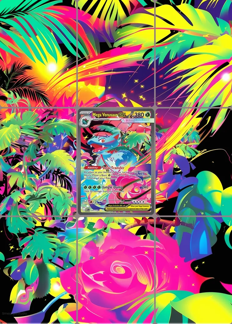 Mega Venusaur ex 177/132 extended binder art: the card in the centre of a 3×3 binder page, its artwork continuing across the eight cards around it
