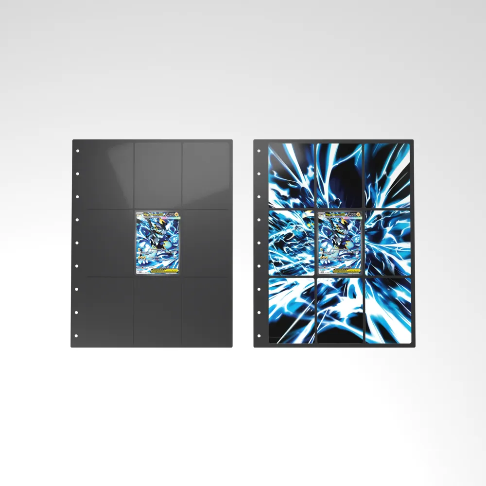Before and after: the Mega Zeraora ex card alone in an empty binder page, then surrounded by its eight extended-art cards