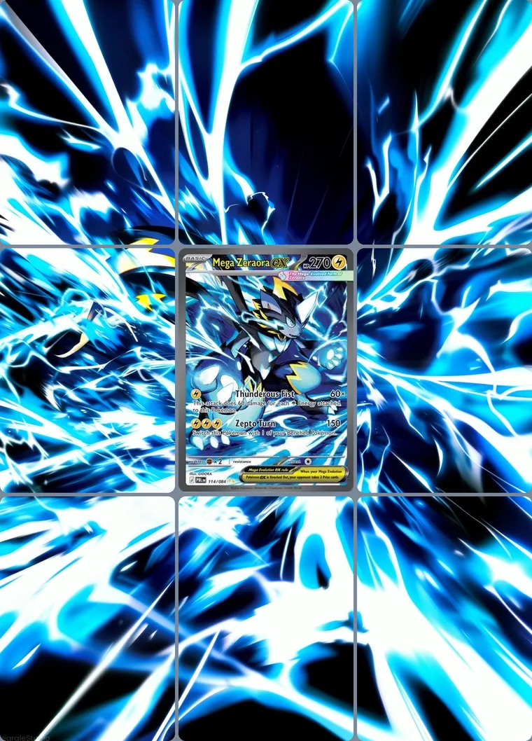 Mega Zeraora ex 114/84 extended binder art: the card in the centre of a 3×3 binder page, its artwork continuing across the eight cards around it