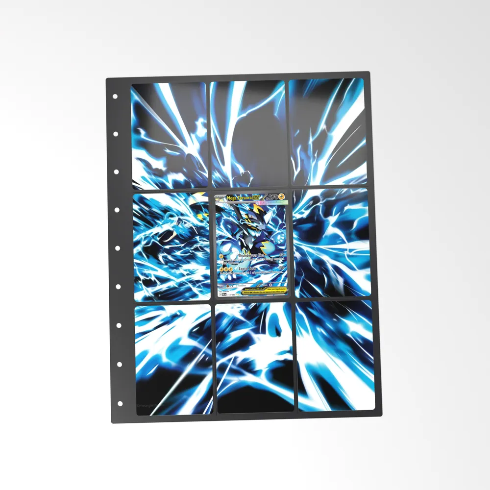 The printed Mega Zeraora ex 114/84 set in a 9-pocket binder page, with the card in the centre pocket