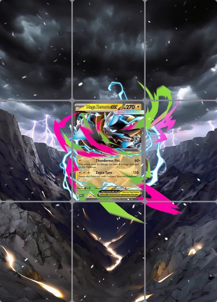 Mega Zeraora ex 27 extended binder art: the card in the centre of a 3×3 binder page, its artwork continuing across the eight cards around it