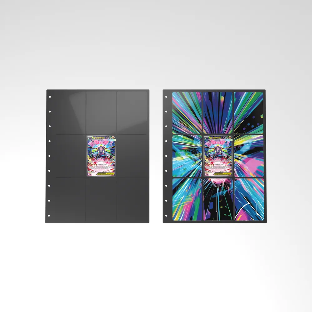 Before and after: the Mega Zygarde ex card alone in an empty binder page, then surrounded by its eight extended-art cards