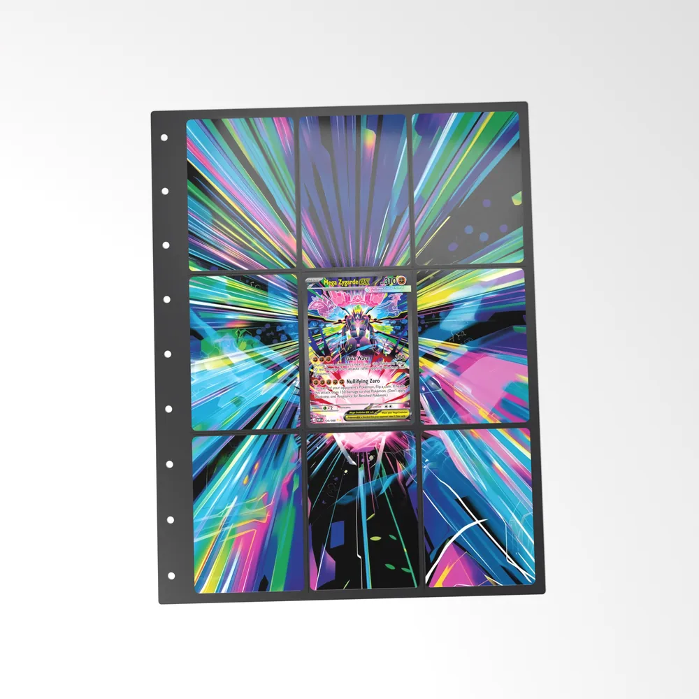 The printed Mega Zygarde ex 120/88 set in a 9-pocket binder page, with the card in the centre pocket