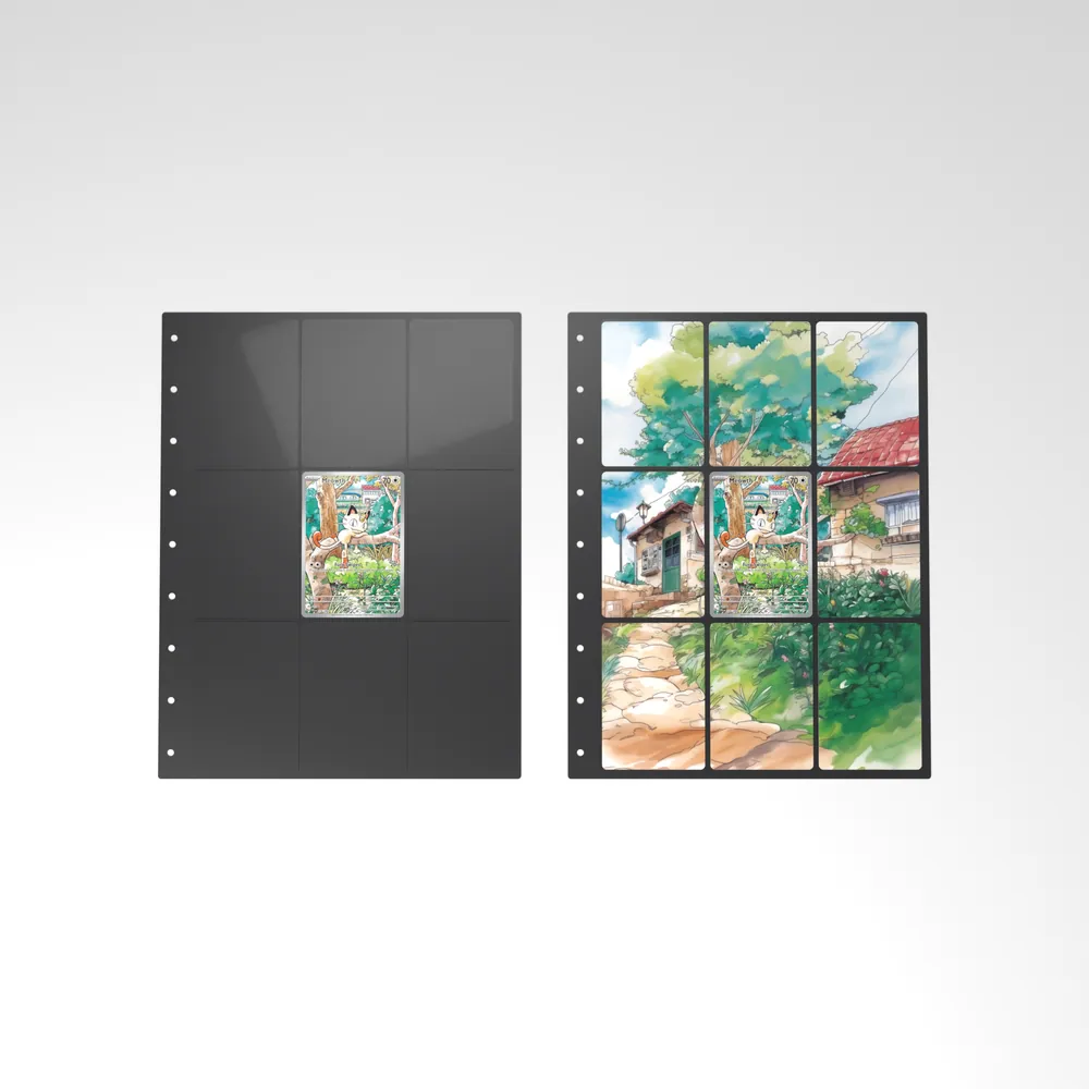 Before and after: the Meowth card alone in an empty binder page, then surrounded by its eight extended-art cards