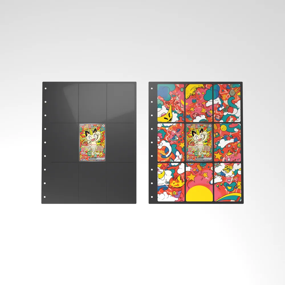 Before and after: the Meowth card alone in an empty binder page, then surrounded by its eight extended-art cards