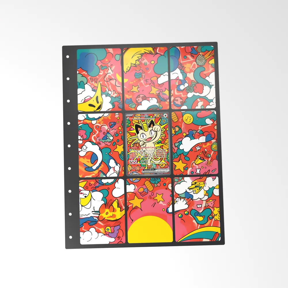 The printed Meowth 121/88 set in a 9-pocket binder page, with the card in the centre pocket
