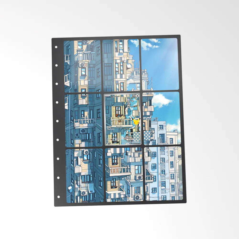 The printed Meowth 144/128 set in a 9-pocket binder page, with the card in the centre pocket