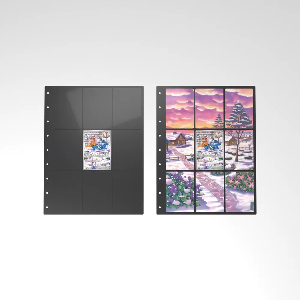 Before and after: the Metagross card alone in an empty binder page, then surrounded by its eight extended-art cards