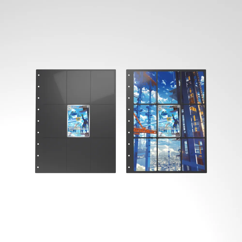 Before and after: the Metang card alone in an empty binder page, then surrounded by its eight extended-art cards