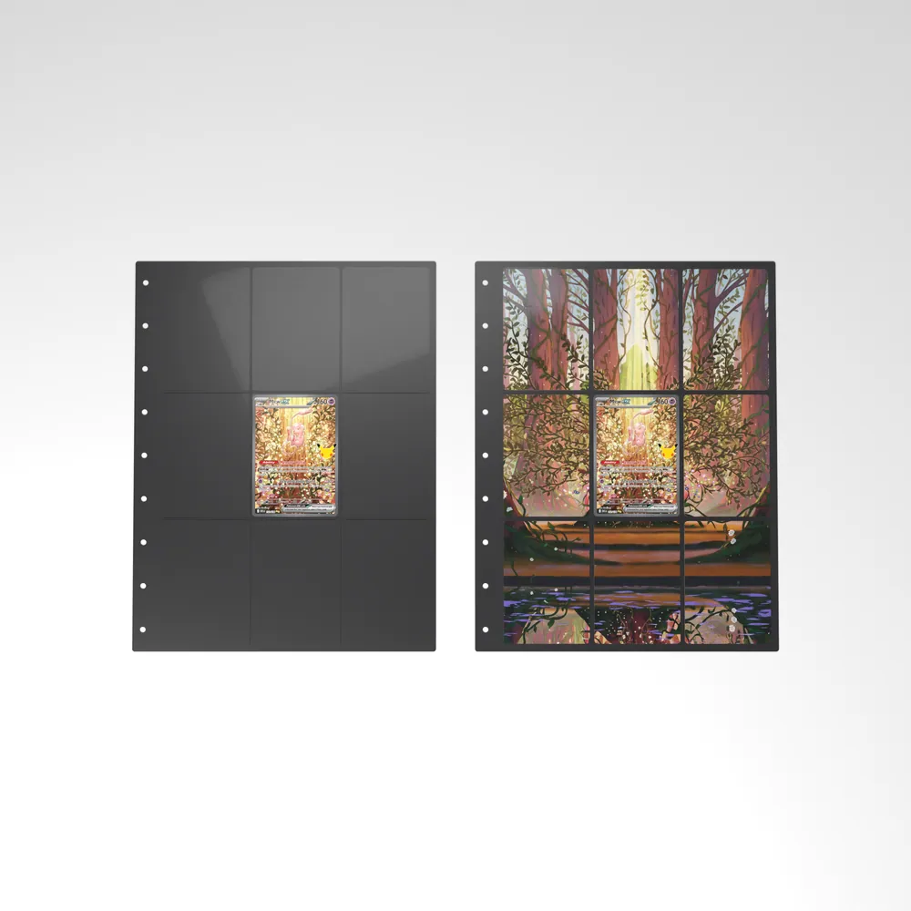 Before and after: the Mew ex card alone in an empty binder page, then surrounded by its eight extended-art cards