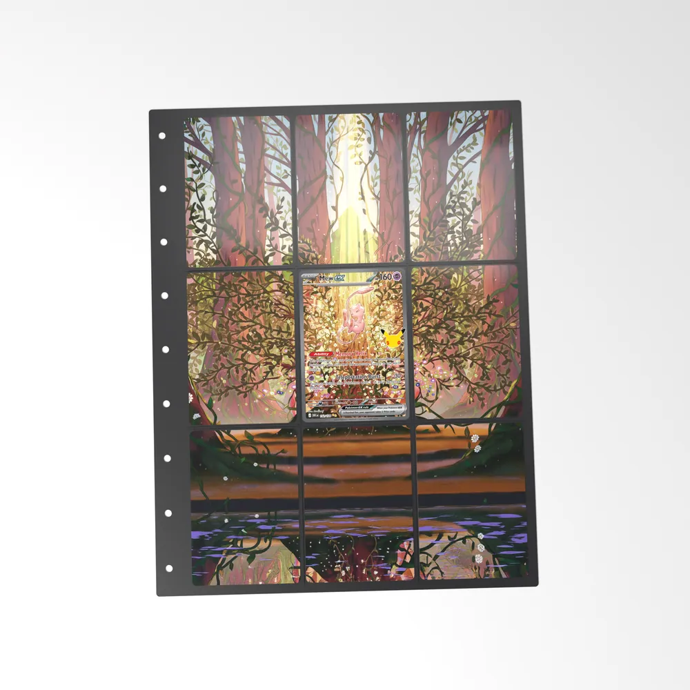 The printed Mew ex 152/128 set in a 9-pocket binder page, with the card in the centre pocket
