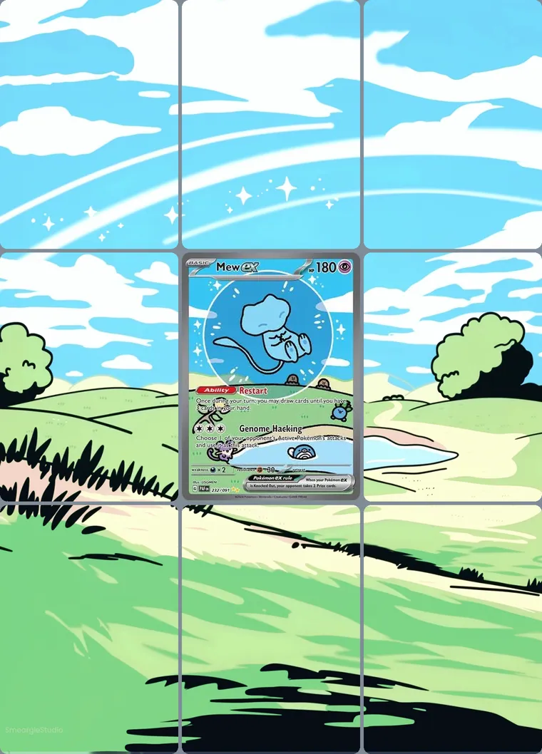 Mew ex 232/91 extended binder art: the card in the centre of a 3×3 binder page, its artwork continuing across the eight cards around it